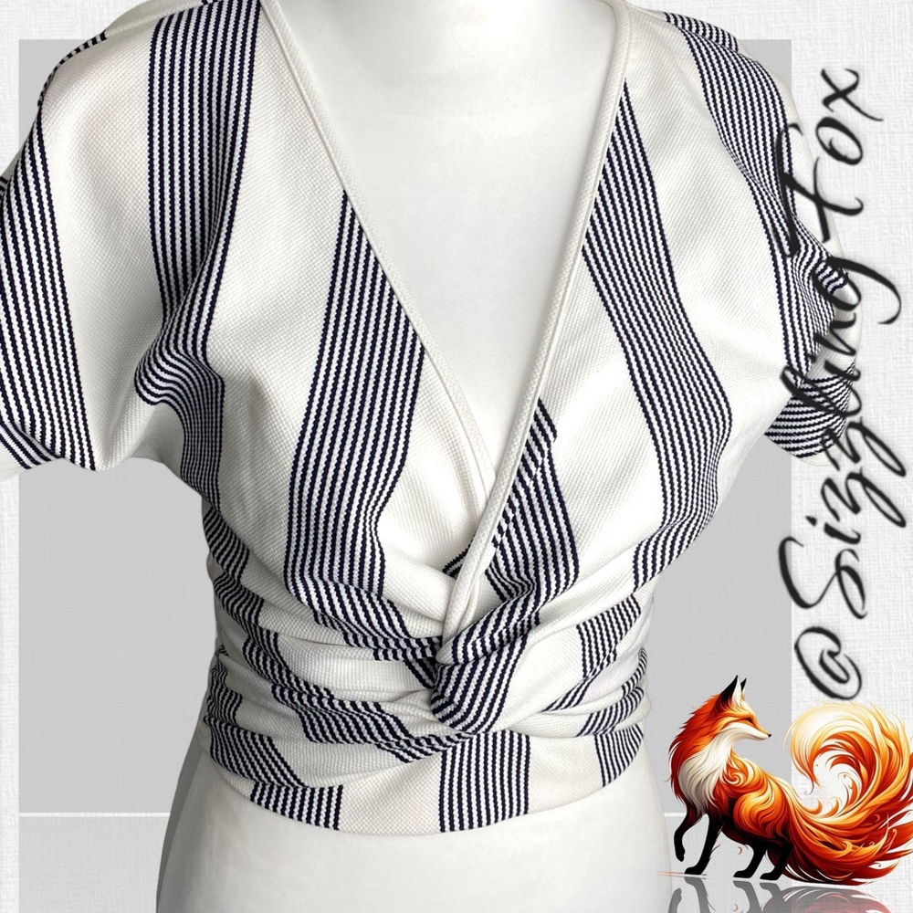 bishop + young White and Navy Striped Cropped Wrap Top